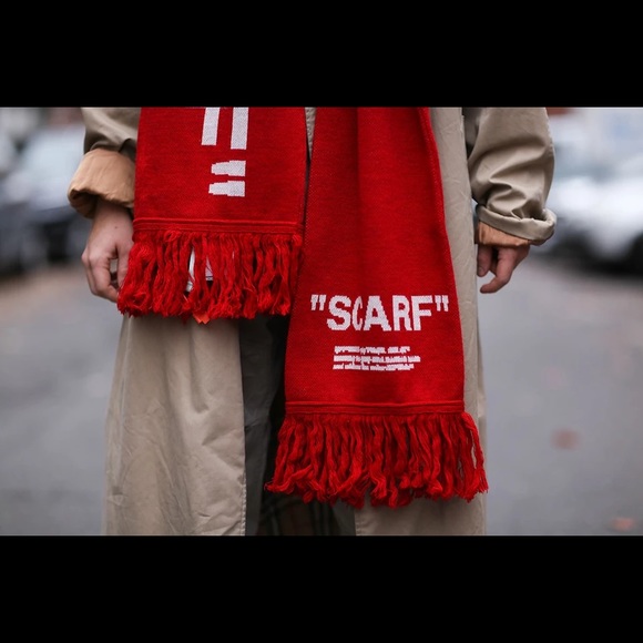 Off-White Intarsia-knit Extra Long Red White Logo Fringed Wool Scarf - Picture 5 of 7